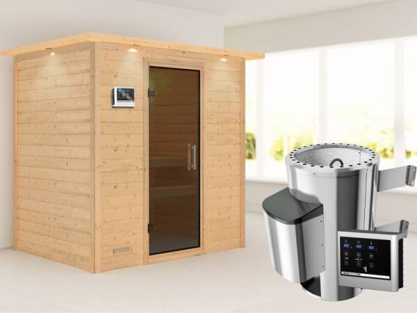Ronja - Karibu Sauna Plug & Play 3,6 kW Ofen, ext. Steuerung - mit Dachkranz - moderne Saunatüre