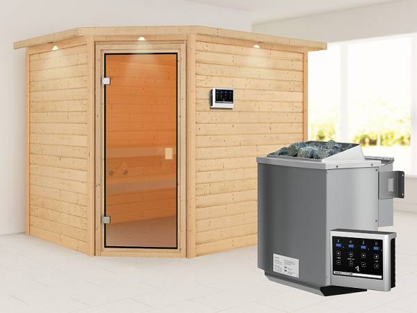 Karibu Sauna Lisa 38 mm mit Dachkranz- 9 kW Bioofen ext. Strg- Klassische Saunatür