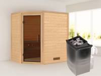 Karibu Sauna Svea - Moderne Saunatür - 4,5 kW Ofen integr. Strg. - ohne Dachkranz