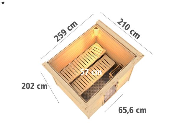 Karibu Sauna Karla 38 mm mit Dachkranz- 9 kW Bioofen ext. Strg- klarglas Tür