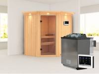 Karibu Sauna Taurin inkl 9 kW Bioofen ext. Steuerung, mit klarglas Ganzglastür -mit Dachkranz-