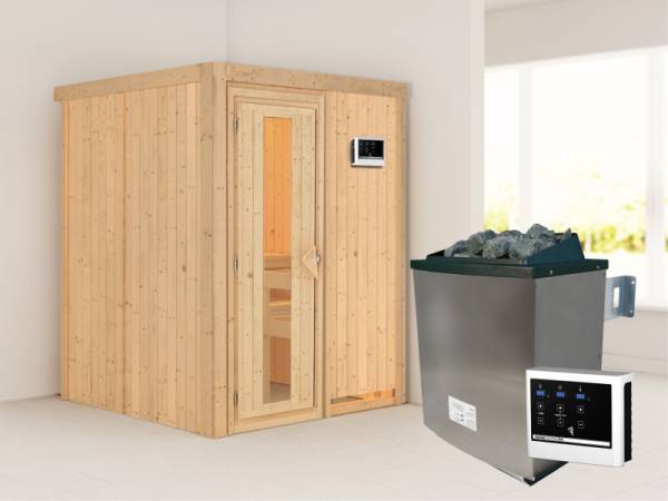 Karibu Sauna Norin- energiesparende Saunatür- 4,5 kW Ofen ext. Strg- ohne Dachkranz