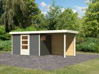 Karibu Woodfeeling Gartenhaus Oburg 4 terragrau mit Anbaudach 2,4 Meter inkl. Rückwand