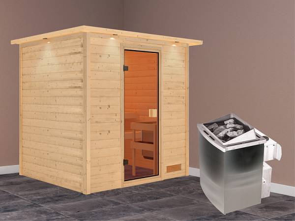 Karibu Woodfeeling Sauna Anja - Classic Saunatür - 4,5 kW Ofen integr. Strg. - mit Dachkranz