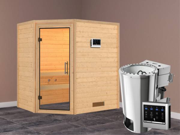 Cilja - Karibu Sauna Plug &amp; Play 3,6 kW Bio Ofen, ext. Steuerung - ohne Dachkranz - Klarglas Ganzglastür