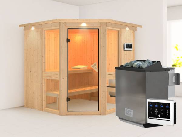 Amelia 2 - Karibu Sauna, inkl. 9 kW Bioofen ext. Steuerung - mit Dachkranz - Amelia 2 - Karibu Sauna, inkl. 9 kW Bioofen ext. Steuerung - mit Dachkranz -