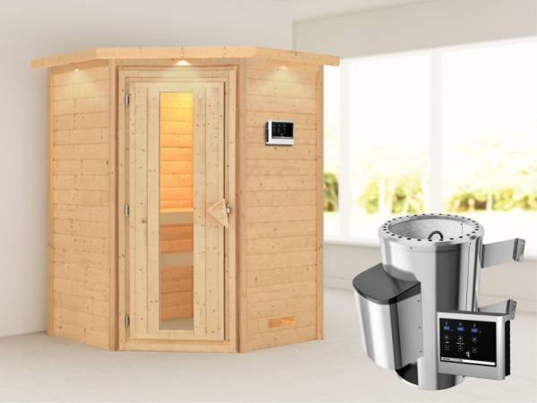 Alicja - Karibu Sauna Plug &amp; Play 3,6 kW Ofen, ext. Steuerung - mit Dachkranz - Energiespartür