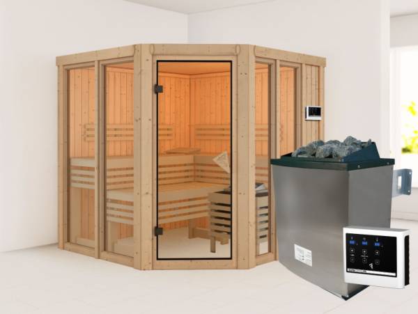 Karibu Sauna Airi, inkl. 9 kW Ofen ext. Steuerung - ohne Dachkranz - Karibu Sauna Airi, inkl. 9 kW Ofen ext. Steuerung - ohne Dachkranz -