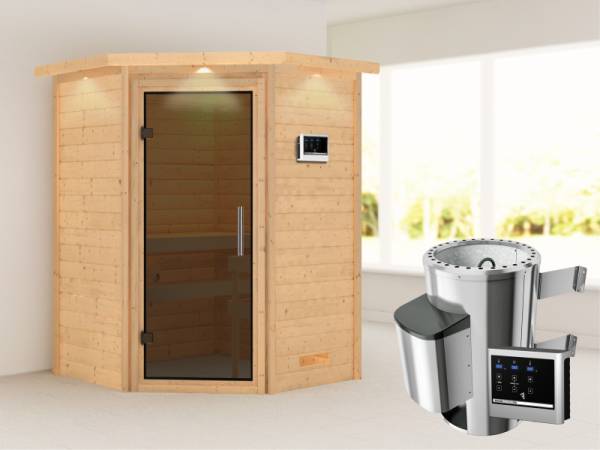 Alicja - Karibu Sauna Plug &amp; Play 3,6 kW Ofen, ext. Steuerung - mit Dachkranz - Moderne Saunatür