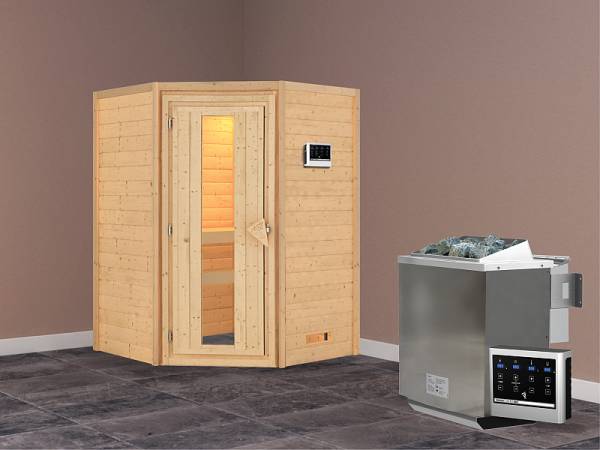 Karibu Woodfeeling Sauna Franka - energiesparende Saunatür - 4,5 kW BIO-Ofen ext. Strg - ohne Dachkranz