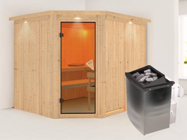 Malin - Karibu Sauna inkl. 9-kW-Ofen - mit Dachkranz -