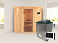 Karibu Sauna Taurin inkl. 9 kW Ofen ext. Steuerung, mit klarglas Ganzglastür -mit Dachkranz-