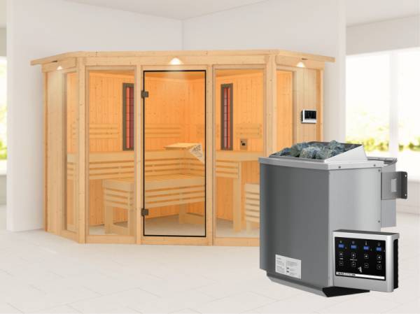 Karibu Multifunktions-Sauna Asta mit Dachkranz, 9 kW Bioofen und Infrarotstrahler