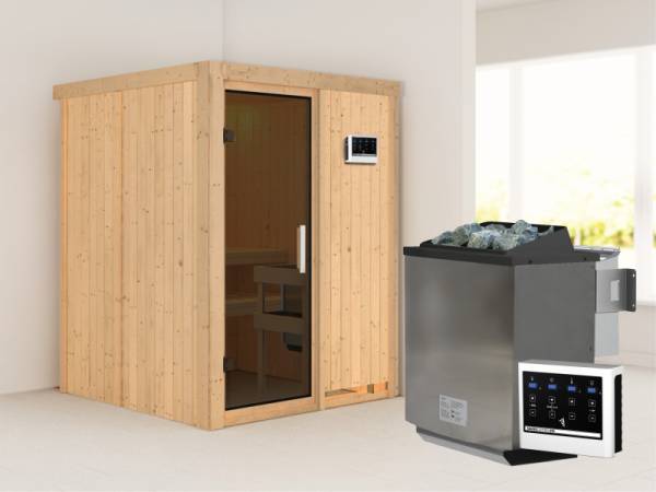 Karibu Sauna Norin- moderne Saunatür- 4,5 kW Bioofen ext. Strg- ohne Dachkranz