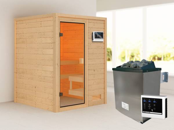 Karibu Woodfeeling Sauna Sandra mit 4,5 kW Ofen ext. Strg ohne Dachkranz Karibu Woodfeeling Sauna Sandra mit 4,5 kW Ofen ext. Strg ohne Dachkranz
