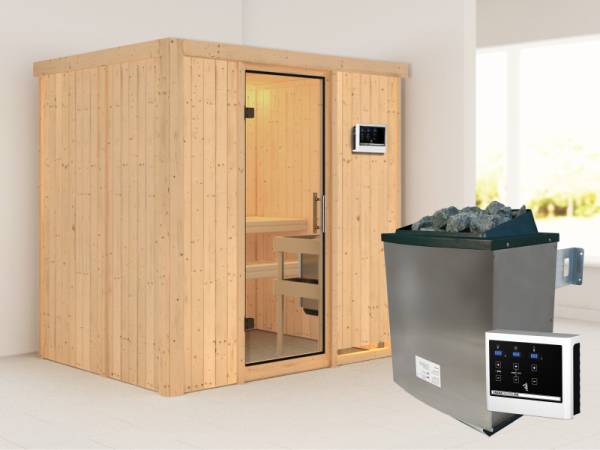 Karibu Sauna Bodin inkl. 9 kW Ofen ext. Steuerung, mit Klarglas Ganzglastür -ohne Dachkranz-