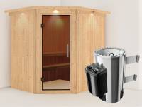 Lilja - Karibu Sauna Plug & Play 3,6 kW Ofen, int. Steuerung - mit Dachkranz - Moderne Saunatür