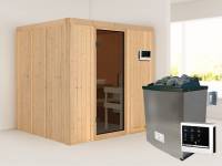 Karibu Sauna Sodin inkl. 9 kW Ofen ext. Steuerung mit moderner Saunatür - ohne Dachkranz -