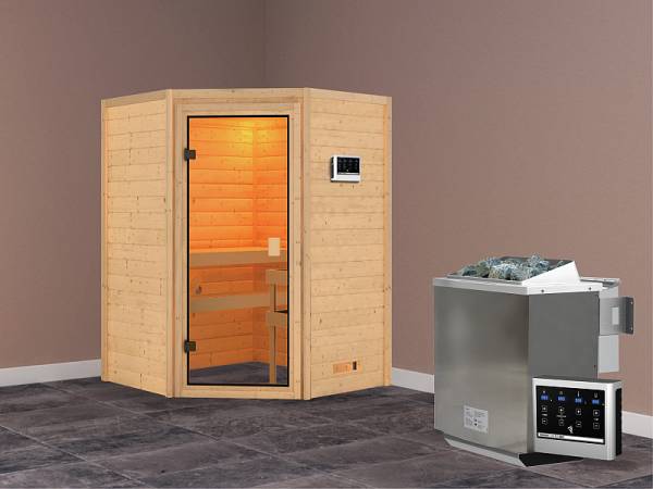 Karibu Woodfeeling Sauna Franka - Classic Saunatür - 4,5 kW BIO-Ofen ext. Strg - ohne Dachkranz