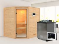 Karibu Sauna Mia inkl. 9 kW Bioofen ext. Steuerung, mit Klarglas Ganzglassaunatür -ohne Dachkranz-