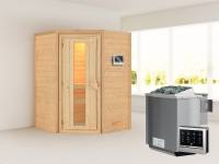 Karibu Woodfeeling Sauna Franka - energiesparende Saunatür - 4,5 kW BIO-Ofen ext. Strg - ohne Dachkranz