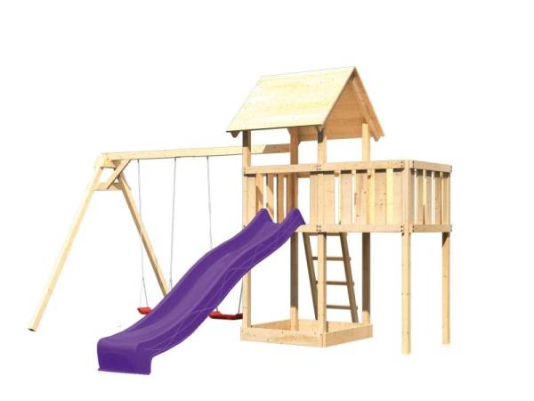 Akubi Spielturm Lotti natur- Anbauplattform- Doppelschaukel- Rutsche violett