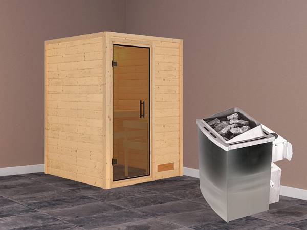 Karibu Woodfeeling Sauna Svenja- moderne Saunatür- 4,5 kW Ofen integr. Strg- ohne Dachkranz