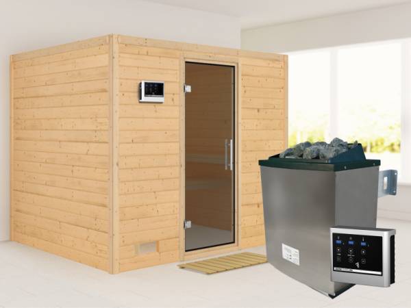 Karibu Sauna Sonara inkl. 9-kW-Ofen mit externer Steuerung, ohne Dachkranz, mit moderner Saunatür