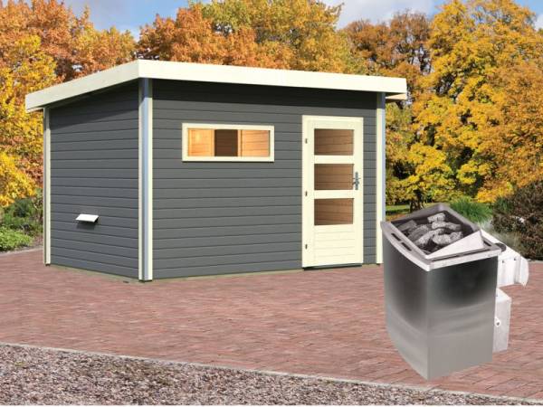 Karibu Aktionssaunahaus Erik 3 38 mm mit 9 kW Ofen integr. Strg. terragrau Karibu Aktionssaunahaus Erik 3 38 mm mit 9 kW Ofen integr. Strg. terragrau