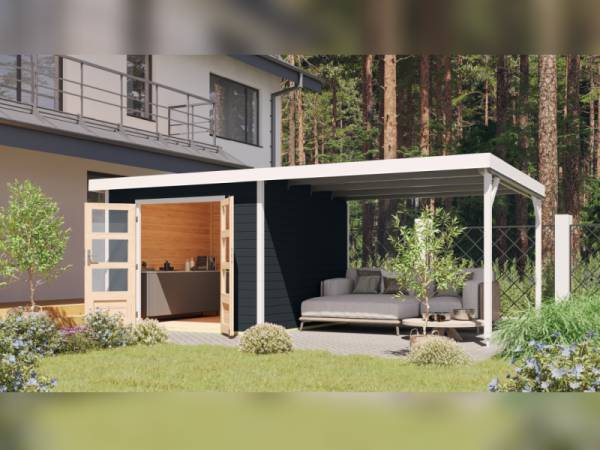 Karibu Hybrid Gartenhaus Pluto C, anthrazit/weiß inkl. 3 m Anbaudach