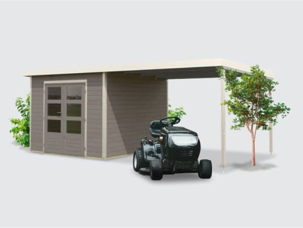 Osb smart choice Hybrid Gartenhaus Woodtallic D wassergrau/weiß im Set mit Fußboden, inkl. 3 m Anbaudach
