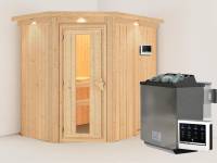 Karibu Sauna Carin inkl. 9 kW Bioofen ext. Steuerung mit energiesparender Saunatür - mit Dachkranz -