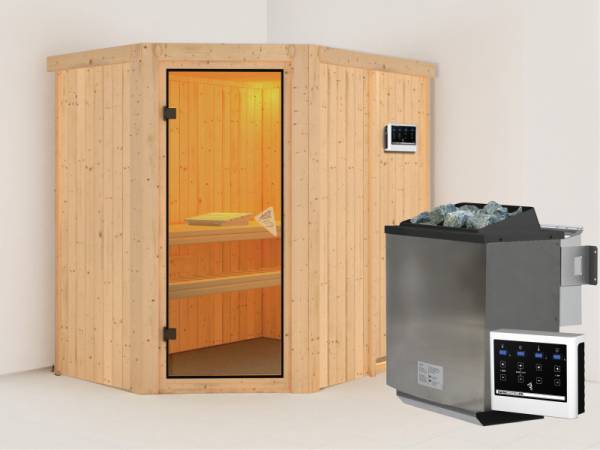 Karibu Sauna Carin inkl. 9 kW Bioofen ext. Steuerung mit bronzierter Ganzglastür - ohne Dachkranz -