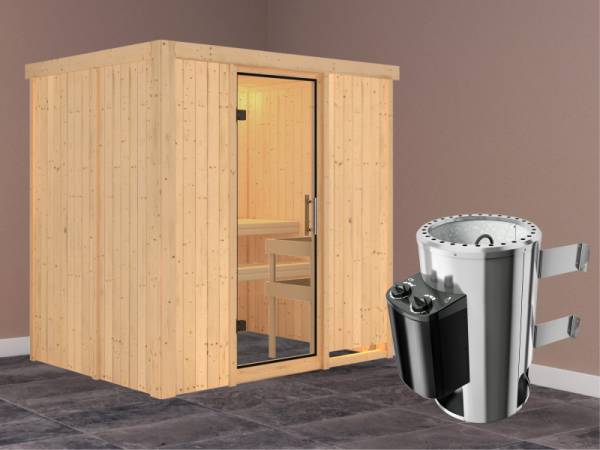 Fanja - Karibu Sauna Plug &amp; Play 3,6 kW Ofen integr. Strg - ohne Dachkranz - Klarglas Ganzglastür