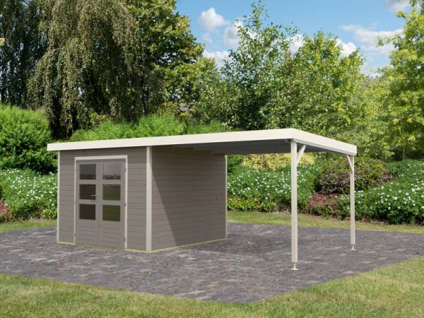 Karibu Hybrid Gartenhaus Pluto D, wassergrau/weiß inkl. 3 m Anbaudach