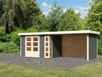 Karibu Woodfeeling Gartenhaus Kerko 4 in terragrau mit Anbaudach 2,80 m und Rück-und Seitenwand