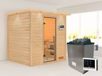 Karibu Sauna Anja inkl. 9 kW Ofen ext. Steuerung, mit Klarglas Saunatür -mit Dachkranz-