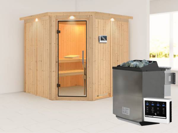 Karibu Sauna Jarin inkl. 9 kW Bio Ofen mit ext. Steuerung, mit Dachkranz, mit Ganzglas Klarglastür