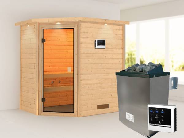 Karibu Sauna Jella mit 4,5 kW Ofen ext. Strg mit Dachkranz