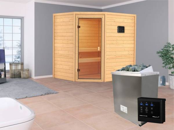 Karibu Aktionssauna Alva mit 4,5 kW Ofen ext. Strg. ohne Dachkranz Karibu Aktionssauna Alva mit 4,5 kW Ofen ext. Strg. ohne Dachkranz
