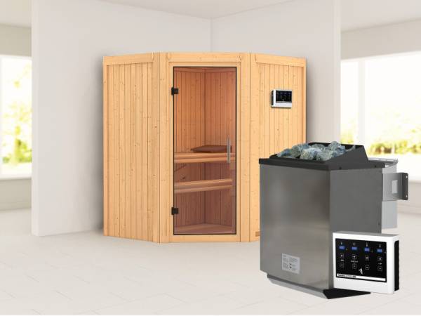 Karibu Sauna Taurin inkl. 9 kW Bioofen ext. Steuerung, mit klarglas Ganzglastür -ohne Dachkranz-
