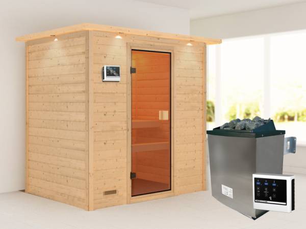 Karibu Sauna Selena inkl. 9 kW Ofen ext. Steuerung mit klassischer Saunatür -mit Dachkranz-