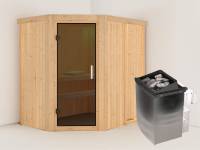Karibu Sauna Carin inkl. 9 kW Ofen integr. Steuerung mit moderner Saunatür - ohne Dachkranz -