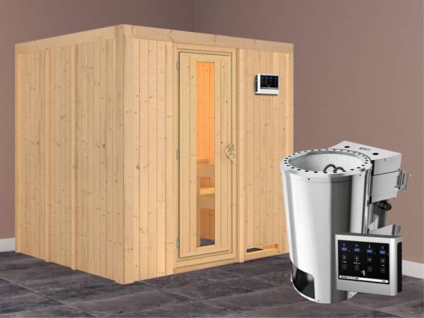 Daria - Karibu Sauna Plug &amp; Play 3,6 kW Bio Ofen, ext. Steuerung - ohne Dachkranz - Energiespartür