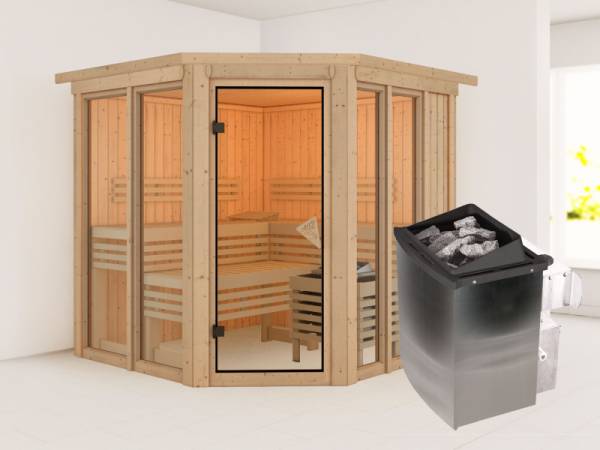 Karibu Sauna Airi, inkl. 9 kW Ofen integr. Steuerung - mit Dachkranz - Karibu Sauna Airi, inkl. 9 kW Ofen integr. Steuerung - mit Dachkranz -