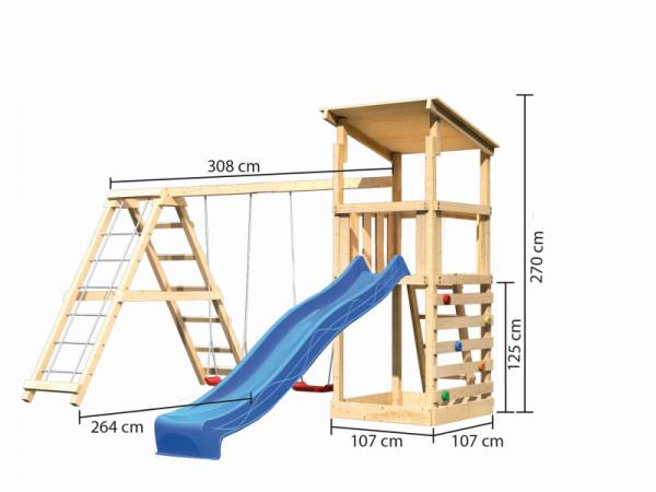 Akubi Spielturm Anna + Rutsche blau + Doppelschaukelanbau Klettergerüst + Kletterwand