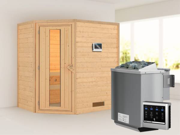 Karibu Sauna Svea - energiesparende Saunatür - 4,5 kW BIO-Ofen ext. Strg. - ohne Dachkranz