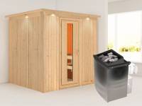 Karibu Sauna Sodin 68 mm- energiesparende Saunatür- 4,5 kW Ofen integr. Strg- mit Dachkranz