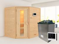 Karibu Sauna Mia- energiesparende Saunatür- 4,5 kW Ofen ext. Strg- ohne Dachkranz