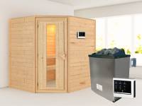 Karibu Sauna Mia inkl. 9 kW Ofen ext. Steuerung, mit energiesparender Saunatür -ohne Dachkranz-